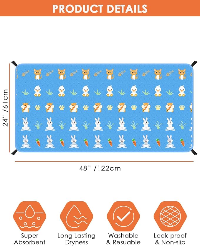 Bissap 2 Packs Guinea Pig Cage Liners, 47''x 24'' Washable Guinea Pig Pee Pads Non Slip Reusable Fast and Super Absorbent Bedding for Small Animals Rabbit Hamster Chinchillas Rat - Blue