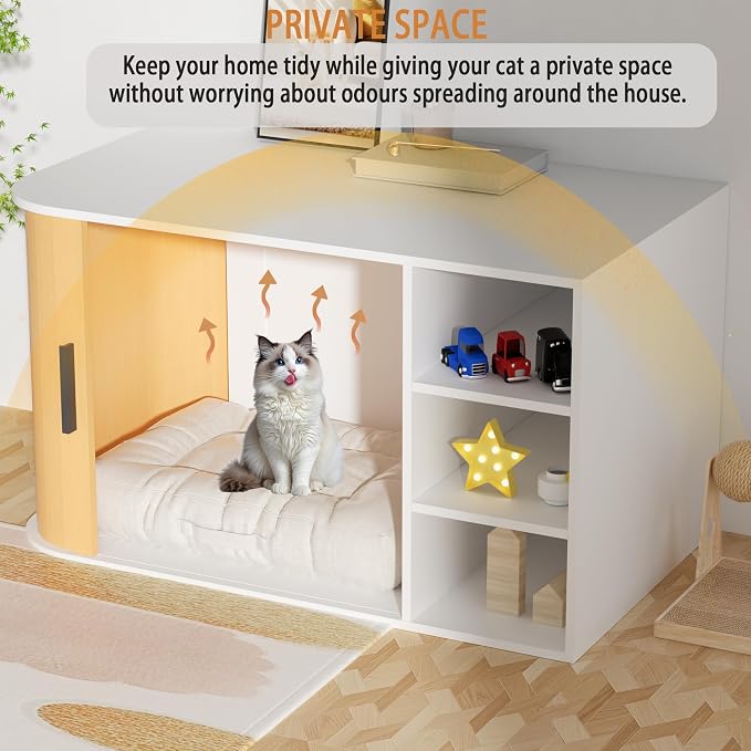 Cat Litter Box Enclosure Litter Box Furniture Hidden with Sliding Door Wooden Washroom Modern Indoor Cat House Table Nightstand Side End Table Box Cabinet,White and Natural