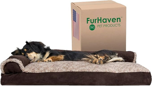 Furhaven Pillow Dog Bed for Medium/Small Dogs w/ Removable Bolsters & Washable Cover - Two-Tone Plush Faux Fur & Suede L Shaped Chaise - Espresso, Medium