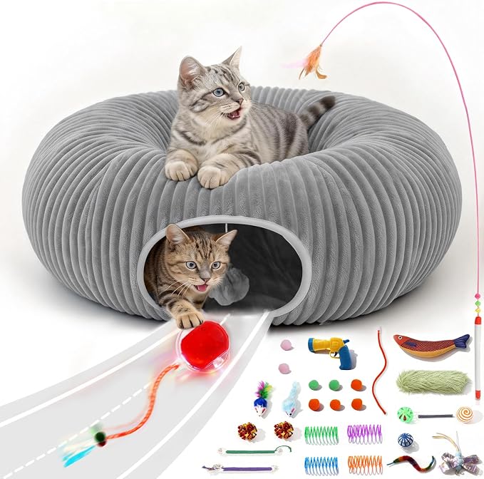 Cat Tunnel Bed with 31 Pcs Interactive Cat Toys, Automatic Cat Toys for Indoor Cats Kittens, Cat Tube with Moving Ball, Grey