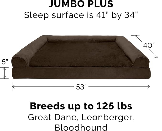 Furhaven Memory Foam Dog Bed for Large Dogs w/ Removable Bolsters & Washable Cover, For Dogs Up to 125 lbs - Plush & Suede Sofa - Espresso, Jumbo Plus/XXL