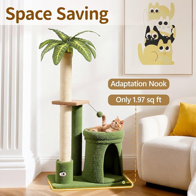 Cat Tree Tower Scratch Post Stand for Indoor, 41" Compact Palm Tree Kitten House Condo with Cozy Bed for Small Cats, Space Saving Design, Supports Climber Scratching Playing and Rest