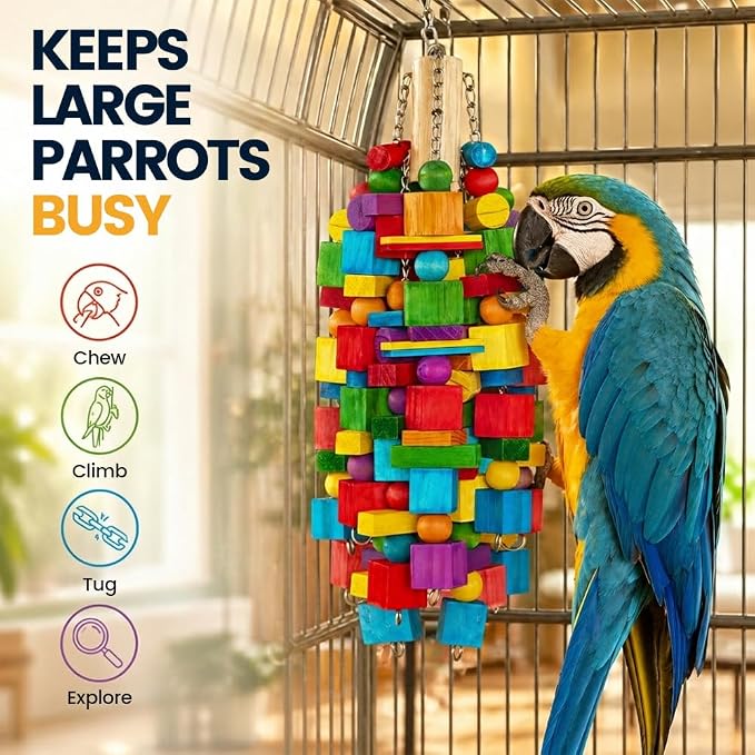 2 Pack Bird Toys Natural Wood Bird Chewing Toy with Heavy-Duty Stainless Steel Chain for Small to Medium Parrot, Cockatiel, African Grey, Amazon Parrot, Conure Bird Cage Accesso