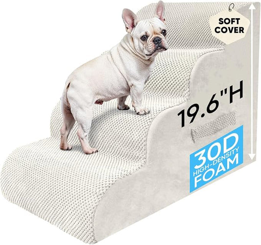 PAWSCRAT Pet Stairs for Dogs 4-Step, 19.6" H Pet Stairs for High Bed, Couch Sofa & Chair, 30D Material Soft Foam Dog Steps with Non-Slip Bottom Surface Removable Washable Cover, Beige