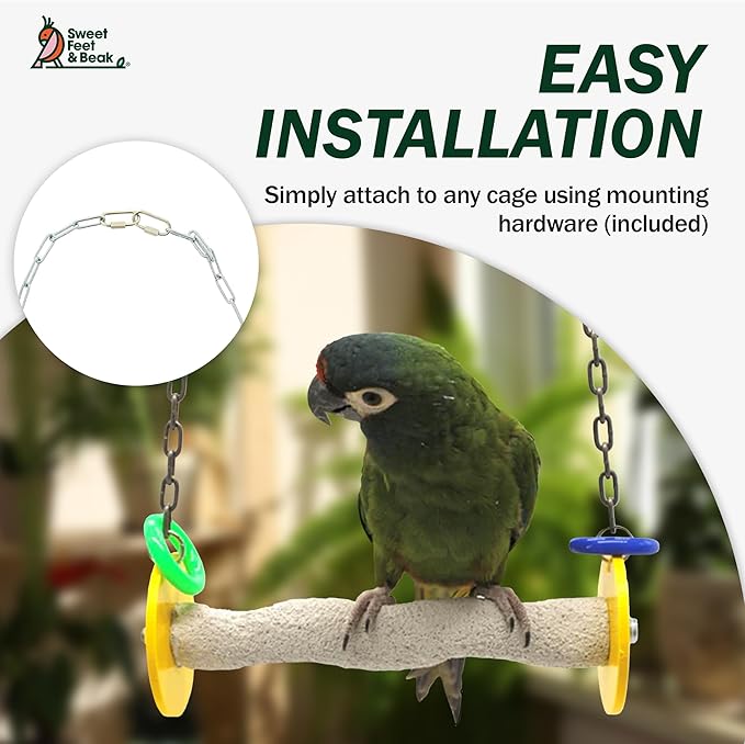 Sweet Feet and Beak Roll Bird Swing - Pumice Perch Bird Toys Trims Nails and Beaks, Safe Bird Cage Accessories for Small and Large Birds, Swinging Toys Birds Will Love, Medium 9 Inches - Yellow
