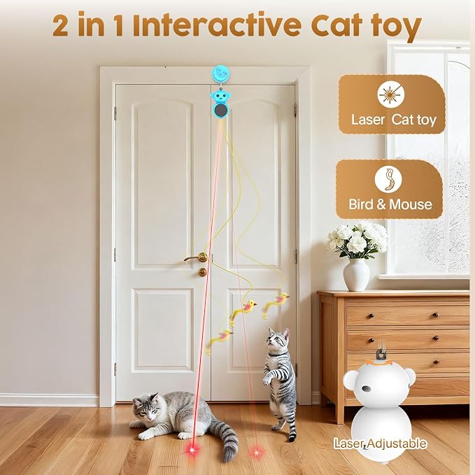 Interactive Cat Toys for Indoor Cats: 2-in-1 Laser Pointer Cat Toy with Automatic Flying Bird & Mouse Wand, Adjustable Speed USB Rechargeable Doorway Hanging Toy for Bored Kittens and Adult Cats