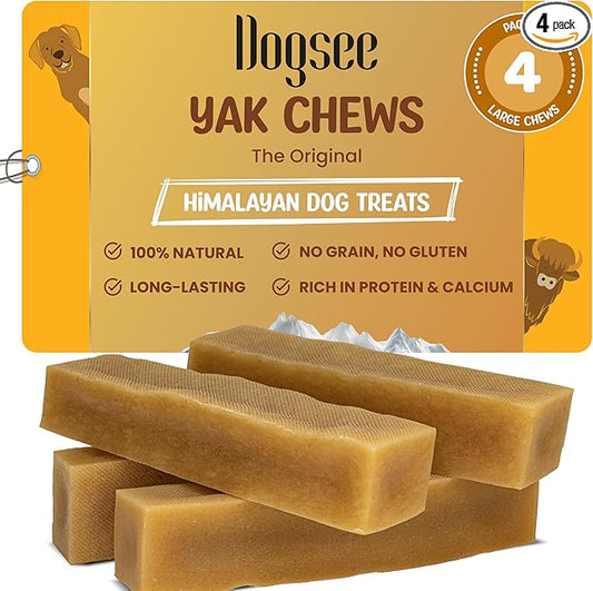 Dogsee Yak Cheese Himalayan Dog Chews 1lb (Large - 4 Bars) .100% Natural, 60% Protein, Dog Treats for Large Breed Dog Chews Long Lasting for Aggressive Chewers High Protein Dental Sticks.
