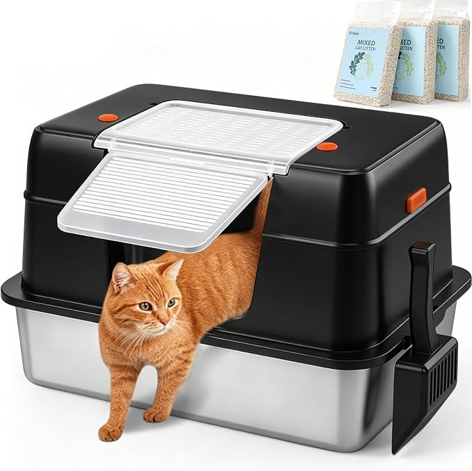 Vivifying XL Stainless Steel Cat Litter Box with 13.2 lb Cat Litter, Black | Stainless Steel