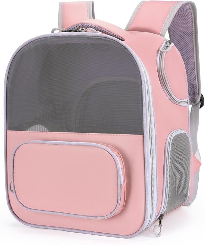 Cat Backpack, Dog Carriers for Small Dogs Backpack, Expandable Cat Carrier Backpack with Breathable Mesh, cat Chest Carrier for Travel, Hiking and Outdoor (Pink)