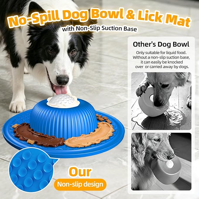 2-in-1 Dog Slow Feeder Bowl & Lick Mat with 2 Rotatable Balls, No-Slip Silicone Anxiety Relief Treat Mat for Dogs & Cats, Dishwasher Safe (Blue)