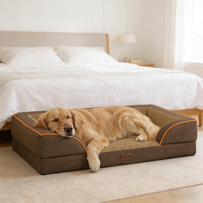 Orthopedic Dog Beds for Large Medium Sized Dogs 36x27 Inch, Medium Waterproof Memory Foam Dog Sofa Bed with Removable Washable Cover Pet Couch with Bolster, Brown