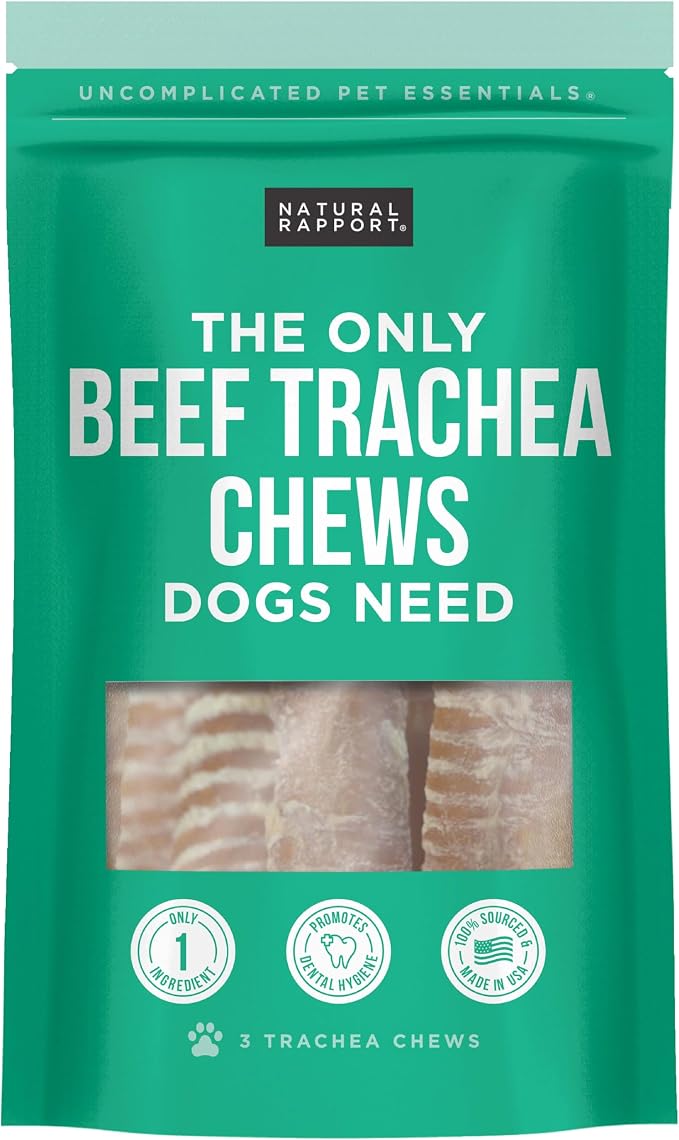 Natural Rapport Beef Trachea Dog Chews - Single Ingredient, High Protein, Natural Glucosamine for Joint Health (3 Count)
