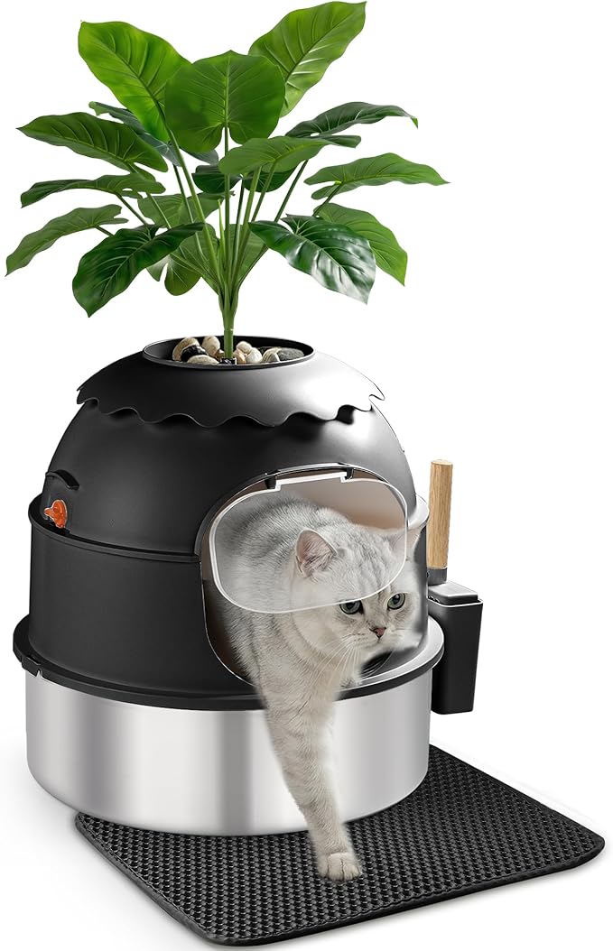 Hidden Litter Box, Stainless Steel Litter Box with Faux Plant Decor, Litter Box Enclosure with Clear Front Door, Includes Scoop & Litter Mat, Odor Control, Easy to Clean (Black)