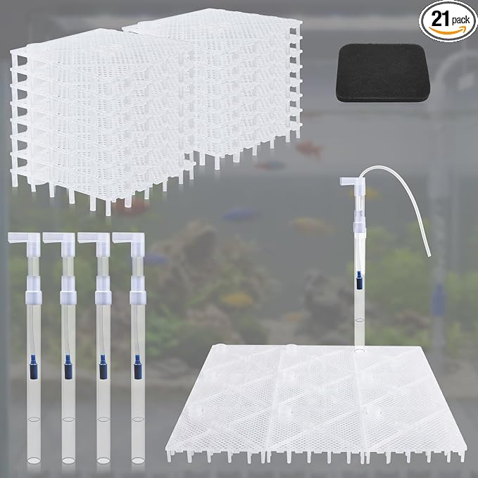 Sieral Under Gravel Aquarium Filter for 40-55 Gallon Tanks, 16 Pcs 5.7'' x 5.7'' Clear Plates, Under Gravel System with 4 Uplift Tube and 1 Filter Cotton, for Fish Tank Fresh and Saltwater