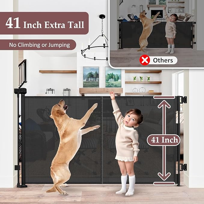 Reinforced 41 Inch Extra Tall Baby Gate 55" Wide Retractable Dog Gate with Support Rods – Prevents Crawling Under, Indoor Extra Tall Dog Gate Retractable Baby Gates Outdoor Retractable Gate, Black
