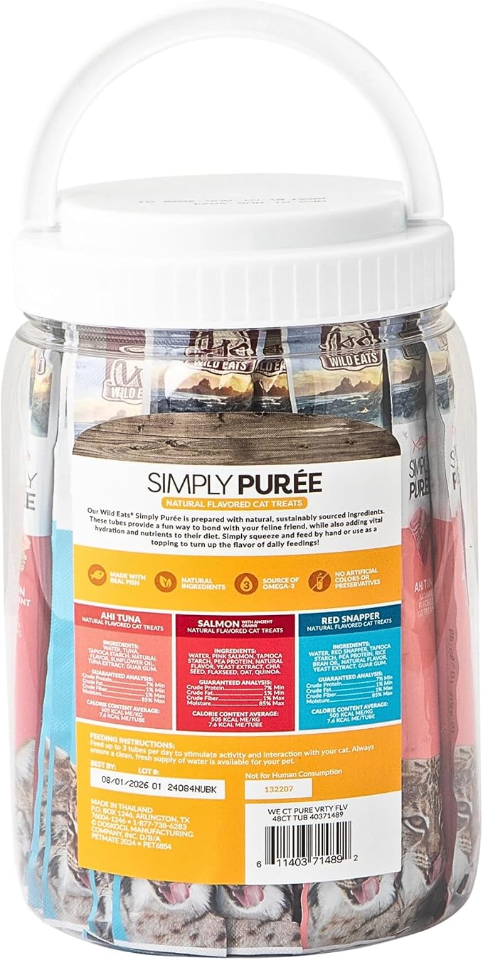 Wild Eats Simply Puree Variety Tub for Cats | 48 Individual Servings of All-Natural, High-Protein Puree Treats | Includes Multiple Flavors | Grain-Free, No Artificial Additives, Smooth Texture