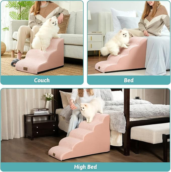 COZY KISS Dog Stairs for High Bed 22.6" H, Small Dog Step for Puppy, Older or Cat, Curved Ramp for Car, Ladder with High Density Foam, Lightweight, Durable, 15.7x33x22.6 inch, 5 Step, Pink