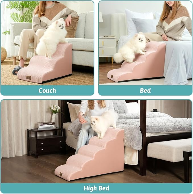 COZY KISS Dog Stairs for Small Dogs 15.7" H, Curved Dog Step for Puppy, Older Cat, Medium Pet Ramp for Sofa, Couch or Chair, Ladder with High Density Foam, 3 Step, 15.7x22.4x15.7 inch, Pink