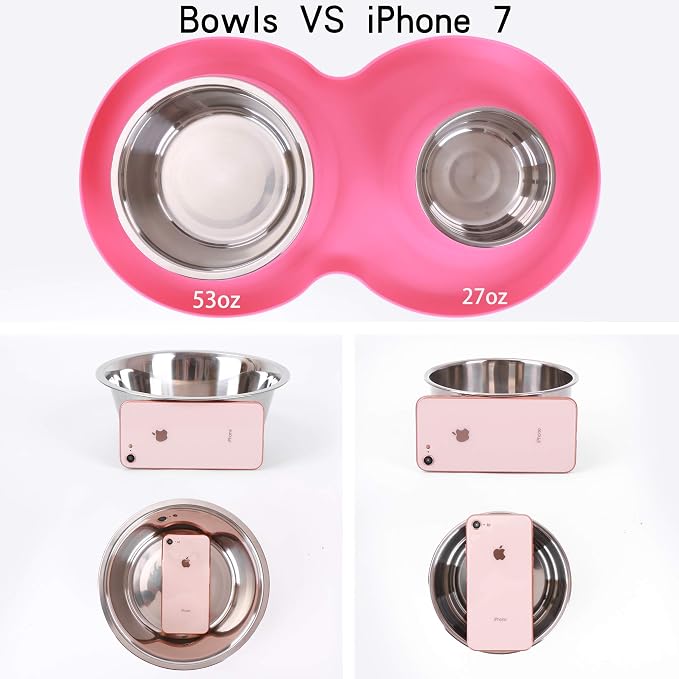100% Waterproof BPA Free Pet Dog Bowls2 Stainless Steel（53oz+27oz） with 1.35“ Raised Edge Silicone Mat + Slow Feed Dog Water and Food Bowls for Feeding Large Dogs Cats Puppies (Pink)