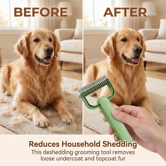 2PCS Double Sided Dematting Comb For Dogs And Cats, Undercoat Rake For Shedding, Detangling And Dematting Long, Matted Fur On Cats And Dogs (Green & Gray)