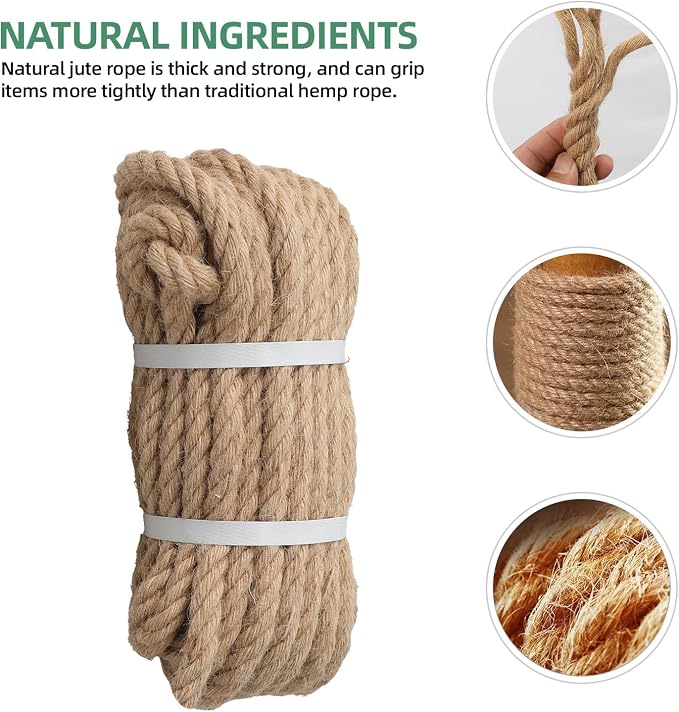 Jute Rope 1/2in50ft Natural Material Heavy Duty Jute Rope Twisted for Indoor Outdoor Crafts, Nautical, Tug of War, Railing, Hammock, Swing, Gardening