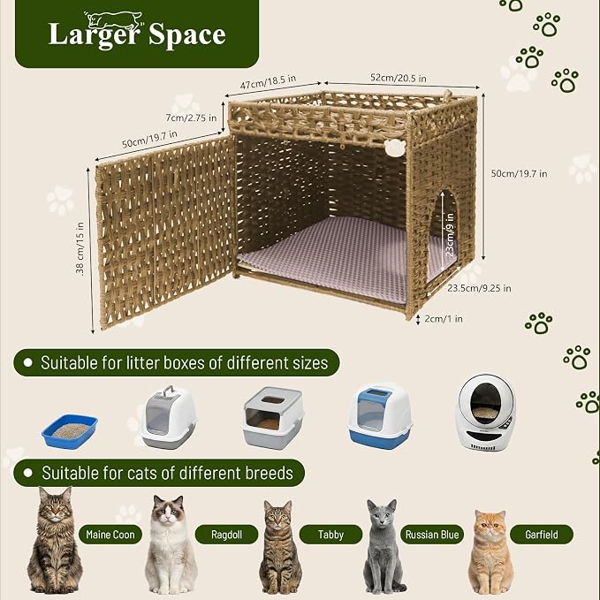 Neti Neti Cat Litter Box Enclosure Furniture, A Calm Enclosed Space Chosen by Cats, Handwoven Rattan Hidden Cabinet with 2 Removable Mats, Large Foldable Design for Indoor Use, Small, Natural
