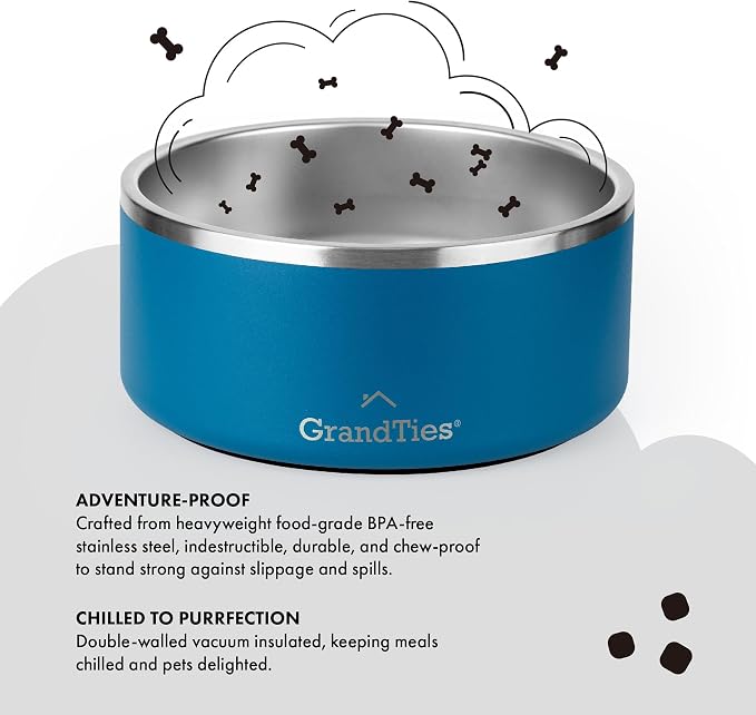 GrandTies Stainless Steel Dog Bowl | Engraved Reusable BPA-Free Insulated Pet Feeder | Large Heavy Duty Non Skid Spill Proof Dog Dish | Outdoor Water Bowl (64oz, Cobalt Blue)