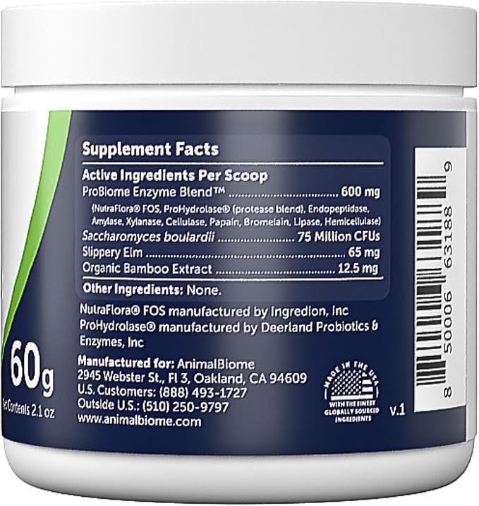 Animal Biome Daily Digest 60g– Digestive Enzyme Powder for Dogs & Cats, Supplement for Dogs with S. Boulardii, & Slippery Elm, Supports Healthy Digestion & Nutrient Breakdown, Sprinkle-on Food Topper