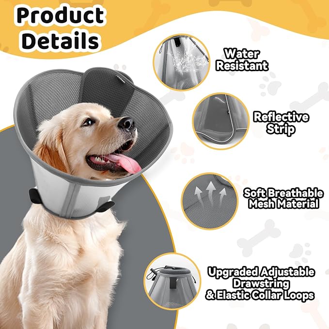 Upgraded Dog Cone Collar for Large Medium Dogs, Soft Dog Cone with Double-Layer Design, Adjustable Pet Recovery Collar for Dogs After Surgery, Elizabethan Collar (XXL, Grey)