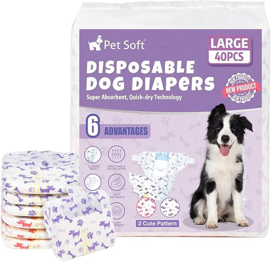 Pet Soft Female Dog Diapers - Disposable Doggie Diapers with Wetness Indicator, Puppy & Cat Diaper Super Absorbent, Fit for Female Dog in Heat or Incontinence, 40pcs (L, Mixed)