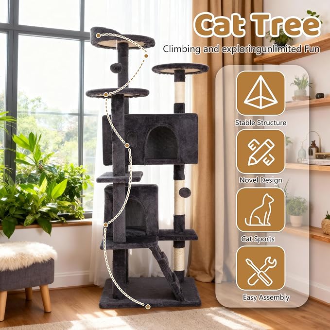 BestOffice 54 Inch Cat Tree, Multi-Level Cat Tower with Condo, Perches, Sisal Scratching Posts, Climbing Ladder,Indoor Activity Center Play House for Kittens & Adult Cats, Ashy