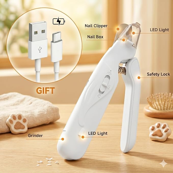 2-in-1 Dog Nail Clippers with Lights 2 LED & Dog Nail Grinder Quiet, Dog Nail Trimmers, USB Rechargeable and Splash Guard, Pet Nail Grinder for Small, Medium, and Large Dogs & Cats
