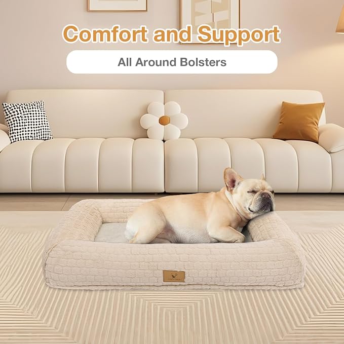Plush Orthopedic Dog Bed for Medium Large Dogs, Memory Foam Bolster Sofa Bed with Removable Washable Cover, Waterproof Lining & Non-Slip Bottom (Tan-L)