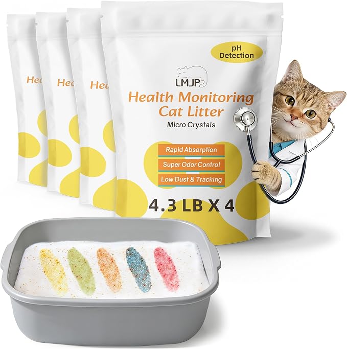 LMJP Health Monitoring Cat Litter — Super Odor Control, Color Changing for Early UTI Detection| 17.2lb, Non Clumping, Low Dust & Tracking, Micro Silica Crystals, Unscented — 3 Month Supply (4 x 4.3lb)