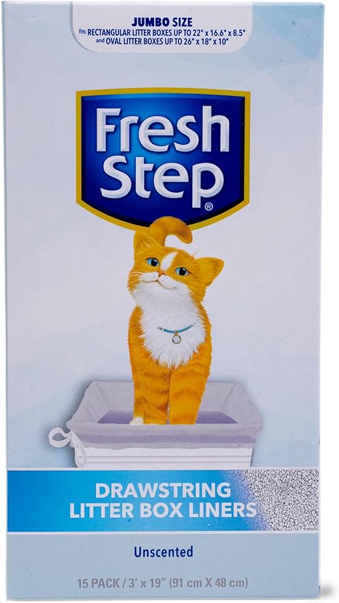 Fresh Step Jumbo Drawstring Cat Litter Box Liners, Heavy Duty Unscented Kitty Litter Bags for Oval Rectangle Pans, Easy Lift Cleanup, 36 x 19 Inches, 15 Count, 12 Pack