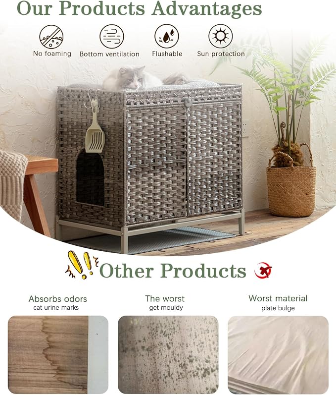 SETVSON Cat Litter Box Enclosure Furniture, Hidden Handwoven Rattan Litter Box with Mat, Large Cat House with Metal Heightened Feet, 30.3 x 18.3 x 28 Inches, Indoor for Living Room, Bedroom Gray