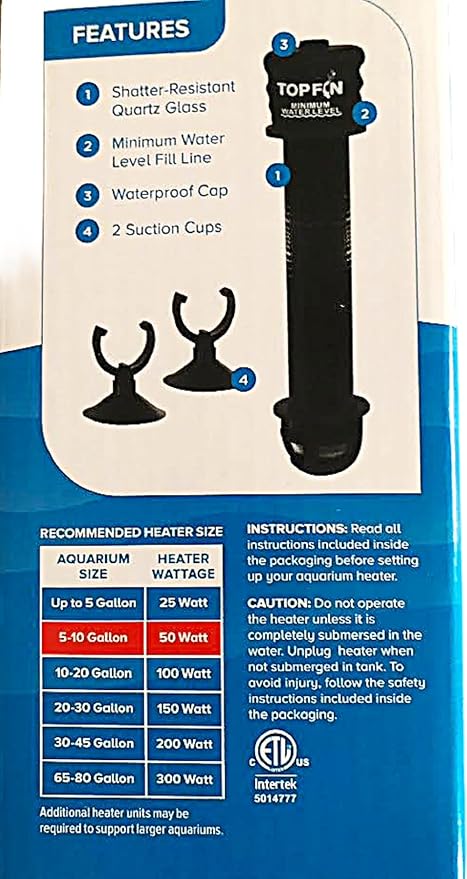 Top Fin Compact Subersible Aquarium Heater On & Off Loght Indicator with Auto Shut-Off. (5-10 Gallon Aquarium)