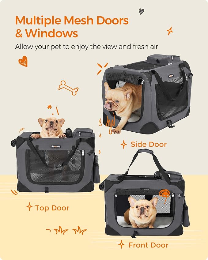 Feandrea 24 Inches Collapsible Soft Dog Crate, Portable Travel Dog Crate for Indoor and Outdoor Use, Dog Carrier Kennel with Safety Zippers, for Living Room, Car, Travelling, Camping, Gray UPDC60GY