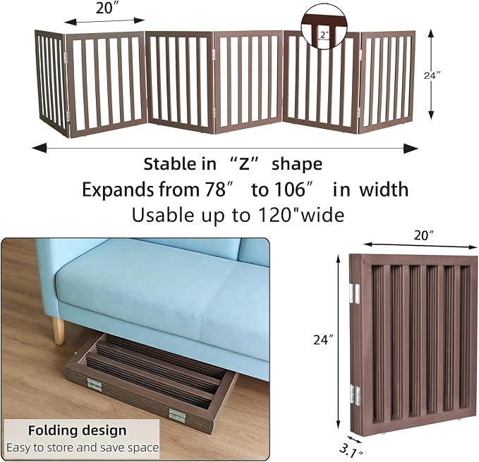 Dog Gate Indoor, Freestanding Dog Fence for The House, Doorways, Hallways,or Stairs,Pet Gate Foldable Wooden,Expandable 24" Height 6 Panels,Brown