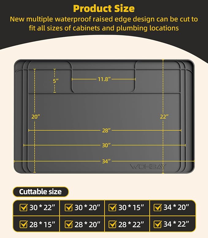 Under Sink Mats for Kitchen Waterproof, 34" X 22" Or Smaller Cut to Fit Under Sink Drip Tray for Kitchen Bathroom Cabinets, Silicone Liner Hold Up to 3.3 Gallons Liquid - Grey