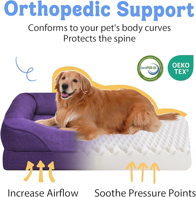 Chez Paw XXL Orthopedic Dog Bed for Extra Large Dogs, Extra Thick Egg-Crate Foam Waterproof Pet Couch with Removable Washable Cover, 4-Sided Bolster & Non-Slip Bottom, Purple 45"x35"x7.5"