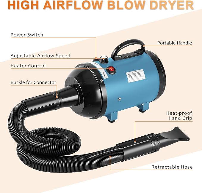 NESTROAD Dog Dryer for Pet Grooming,High Velocity 4.3HP/3200W Dog Blower Force Dryer with Stepless Adjustable Speed,Professional Pet Hair Drying with 4 Different Nozzles for Dogs Pets,Blue