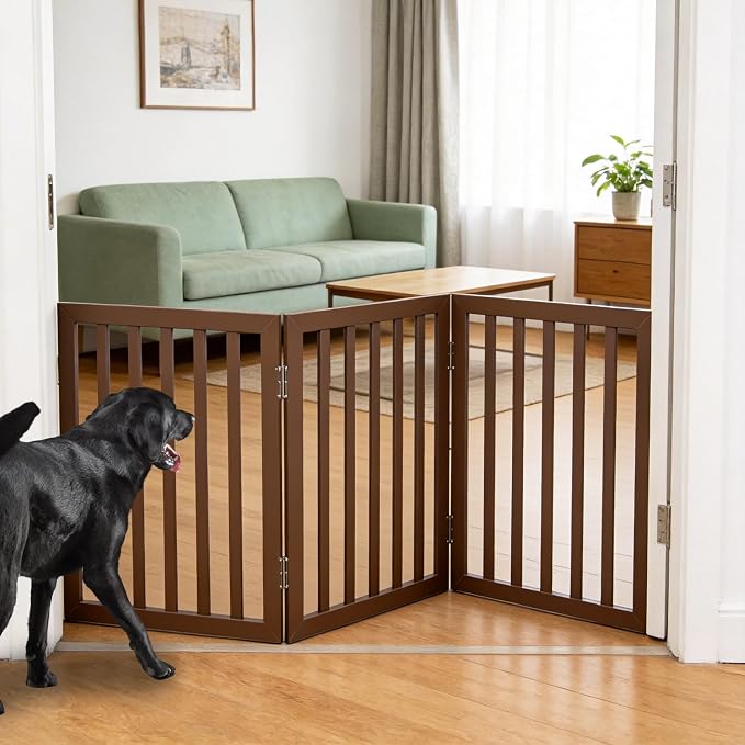 Dog Gate Indoor, Freestanding Dog Fence for The House, Doorways, Hallways,or Stairs,Pet Gate Foldable Wooden,Expandable 24" Height 3 Panels,Brown