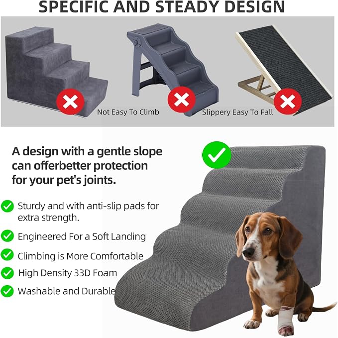 5 Step Pet Stairs Ramp for High Beds Sofas 23-30 Inch with Sturdy Non Slip Waterproof Pads, Machine Washable Cover Indoor Balanced Design for Cats Dogs Small Medium Large XL Pets Brown, Large,