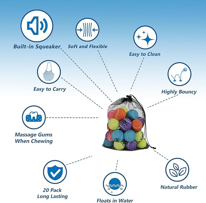 INSUM 40 Pack Small Tennis Balls for Dogs - 2 Inch Squeaky Dog Balls Toys with Mesh Bag, SGS Certified, Durable Non-Toxic, Built in Squeaker, Small Breeds