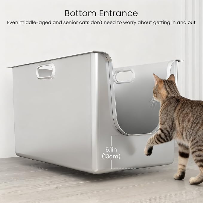 Stainless Steel Litter Box 11.8'' High Sides, XL Metal Cat Litter Box with Curved Low Entry, Cat Litter Pan for Big & Multiple Cats, Pet Toliet with Handy Wheels for Easy Moving