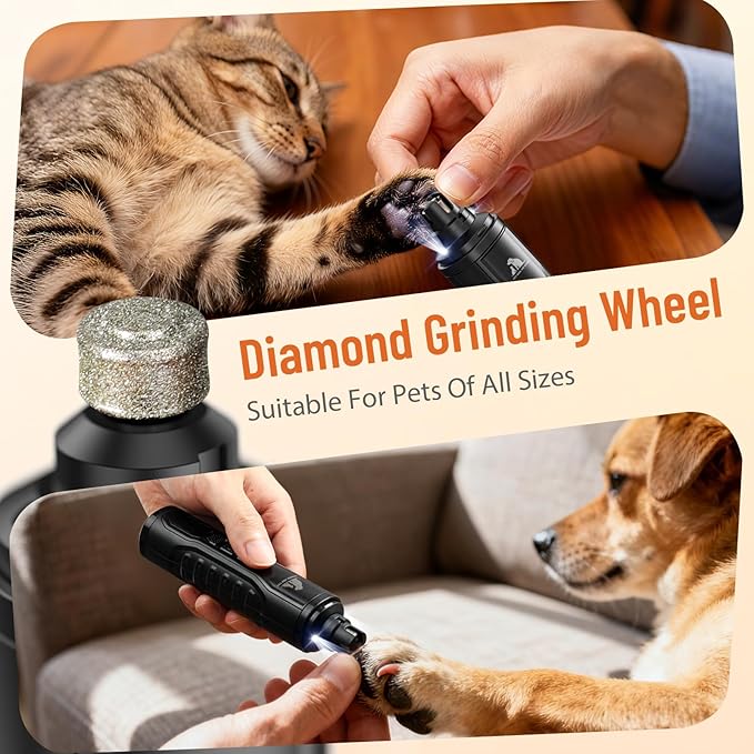 Electric Dog Nail Grinder: 5-Speed Quiet Dog Nail Trimmer with LED Light, Adjustable Safety Guard, Rechargeable Cordless Design for Small to Large Dogs & Cats