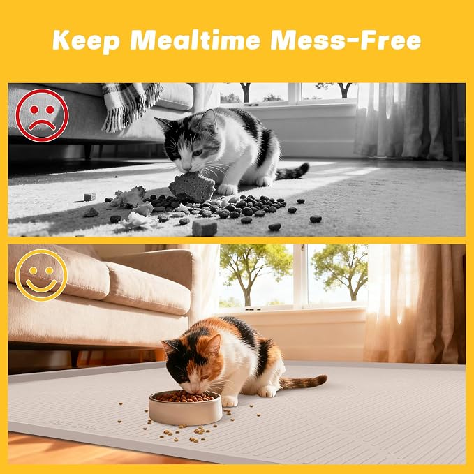 Lorvain 45" x 30" Cat Food Mat, Extra Large Silicone Pet Feeding Mat with Raised Edges, Pet Placemat for Cat Dog Food and Water Bowl Waterproof, Non-Slip, Easy to Clean, Floor Protection, Beige