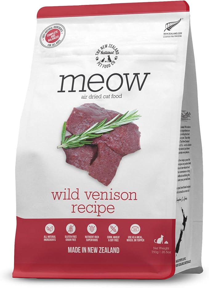 The New Zealand Natural Pet Food Co. Meow Air Dried Cat Food - Wild Venison Recipe, High Protein Dry Food Use as a Complete Diet, Topper, Mixer, or as Cat Training Treats, All Life Stages, 26.5 oz