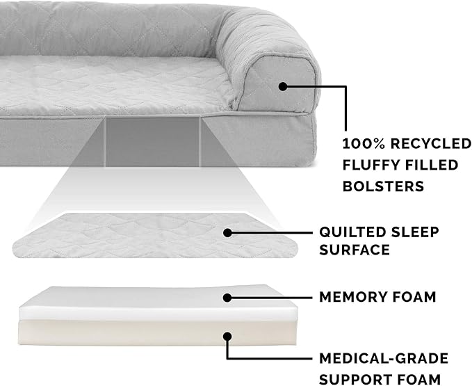 Furhaven Memory Foam Dog Bed for Large Dogs w/ Removable Bolsters & Washable Cover, For Dogs Up to 125 lbs - Quilted Sofa - Silver Gray, Jumbo Plus/XXL